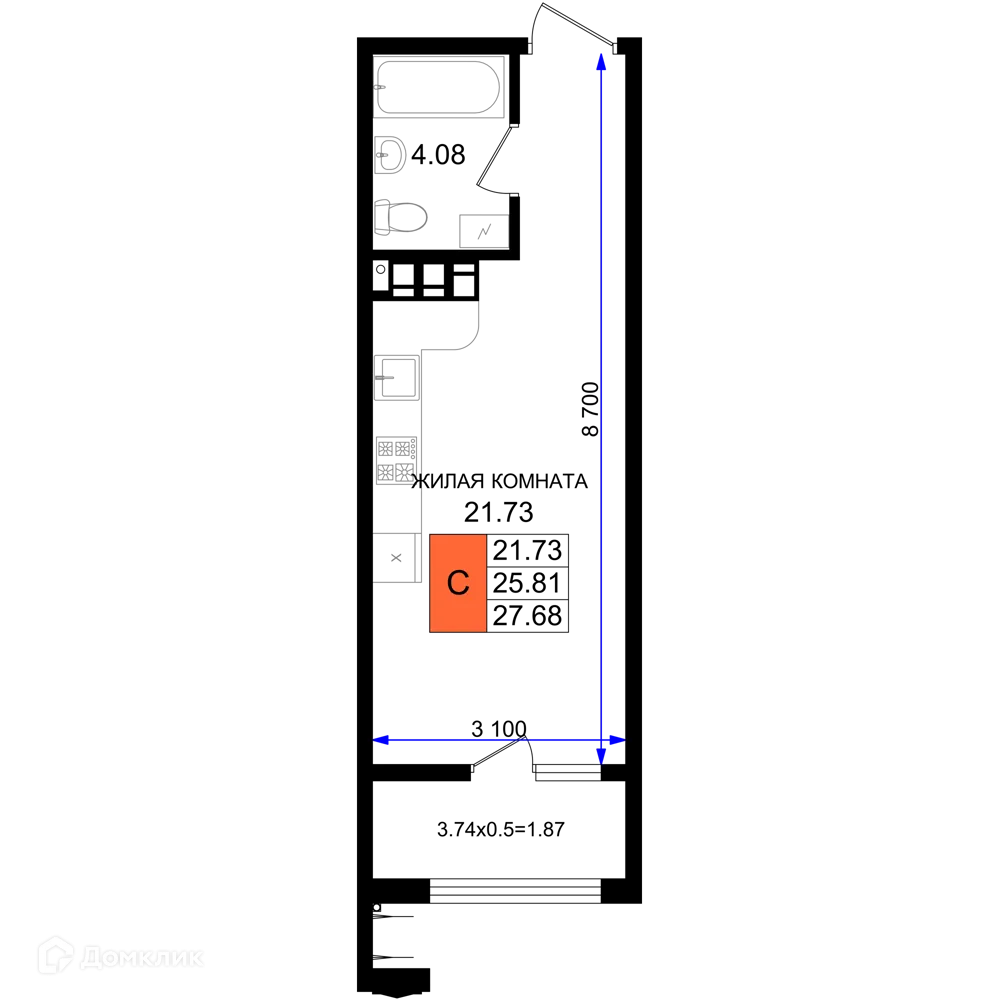 Планировка студии квартиры 27.68 м² в ЖК Резиденция морей, г. Новороссийск — фото 1