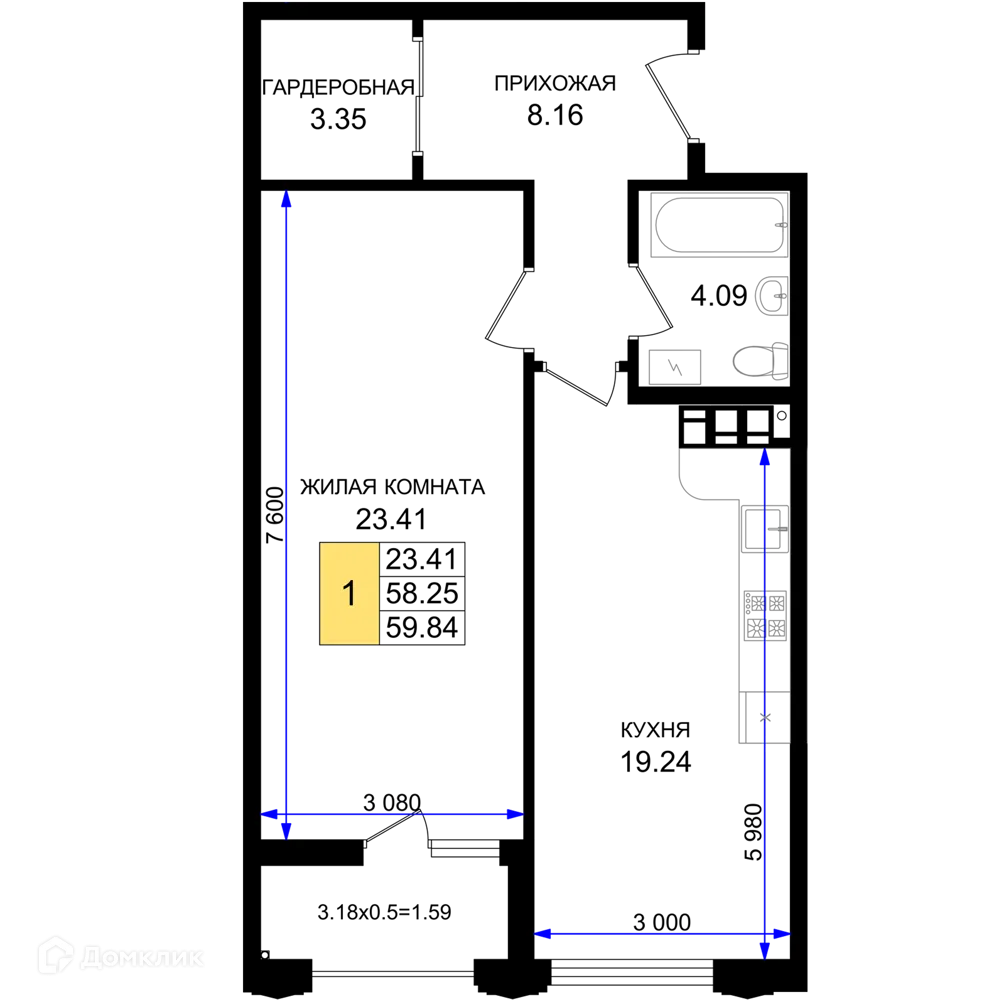 Планировка 1-комнатной квартиры 59.84 м² в ЖК Резиденция морей, г. Новороссийск — фото 1
