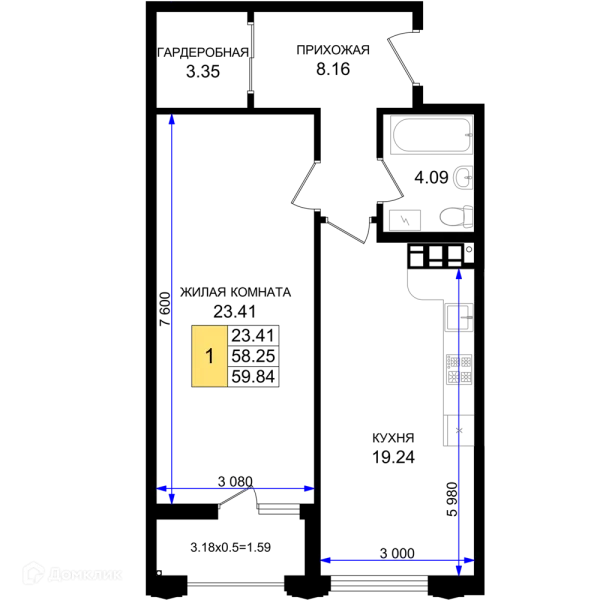 Планировка 1 комн. в ЖК Резиденция морей