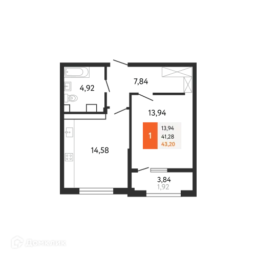 Планировка 1-комнатной квартиры 43.2 м² в ЖК Аврора 2, г. Новороссийск — фото 1