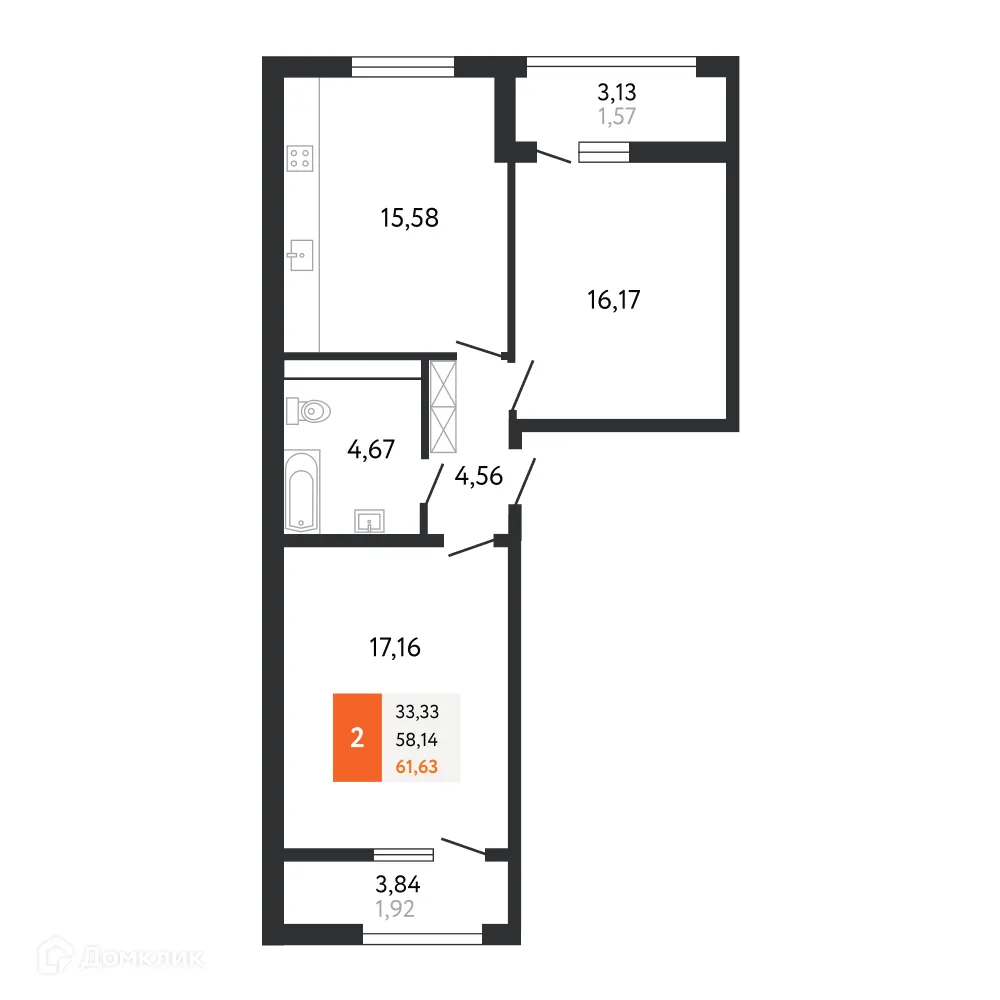 Планировка 2-комнатной квартиры 61.63 м² в ЖК Аврора 2, г. Новороссийск — фото 1