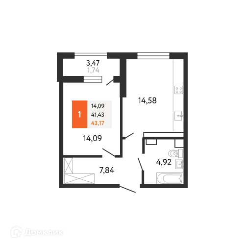 Планировка 1-комнатной квартиры 43.17 м² в ЖК Аврора 2, г. Новороссийск — фото 1