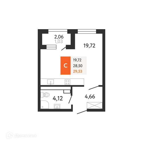 Планировка студии квартиры 29.53 м² в ЖК Аврора 2, г. Новороссийск — фото 1