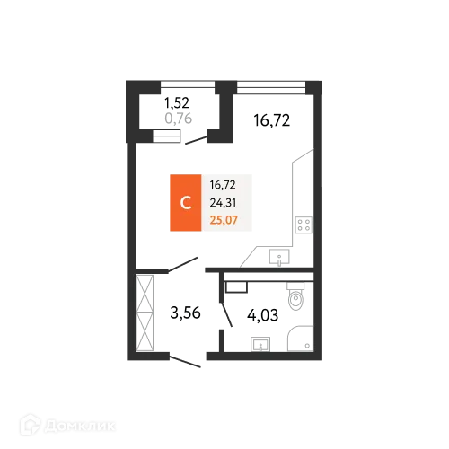 Планировка студии квартиры 25.07 м² в ЖК Аврора 2, г. Новороссийск — фото 1