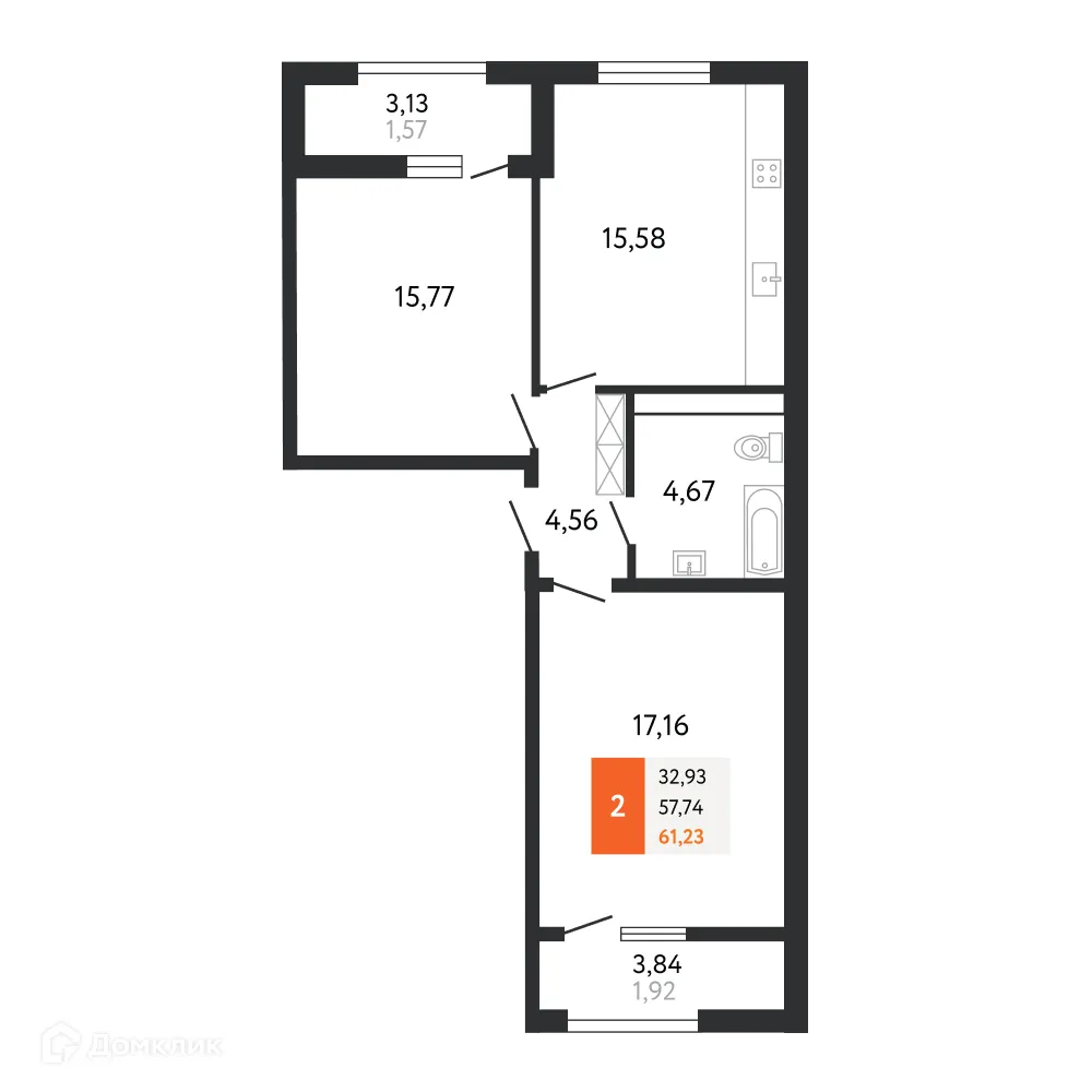 Планировка 2-комнатной квартиры 61.23 м² в ЖК Аврора 2, г. Новороссийск — фото 1