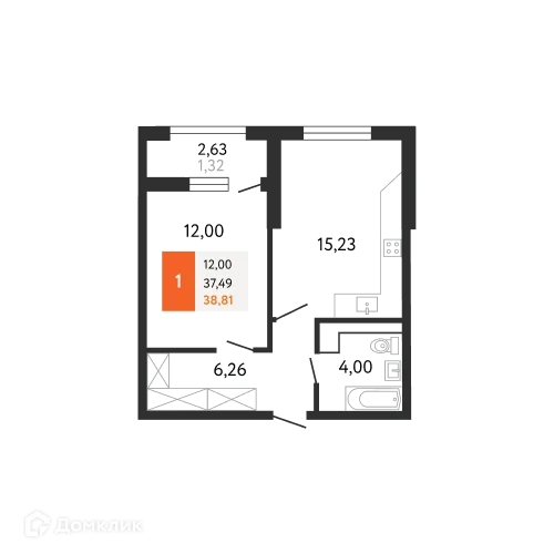 Планировка 1-комнатной квартиры 38.81 м² в ЖК Аврора 2, г. Новороссийск — фото 1