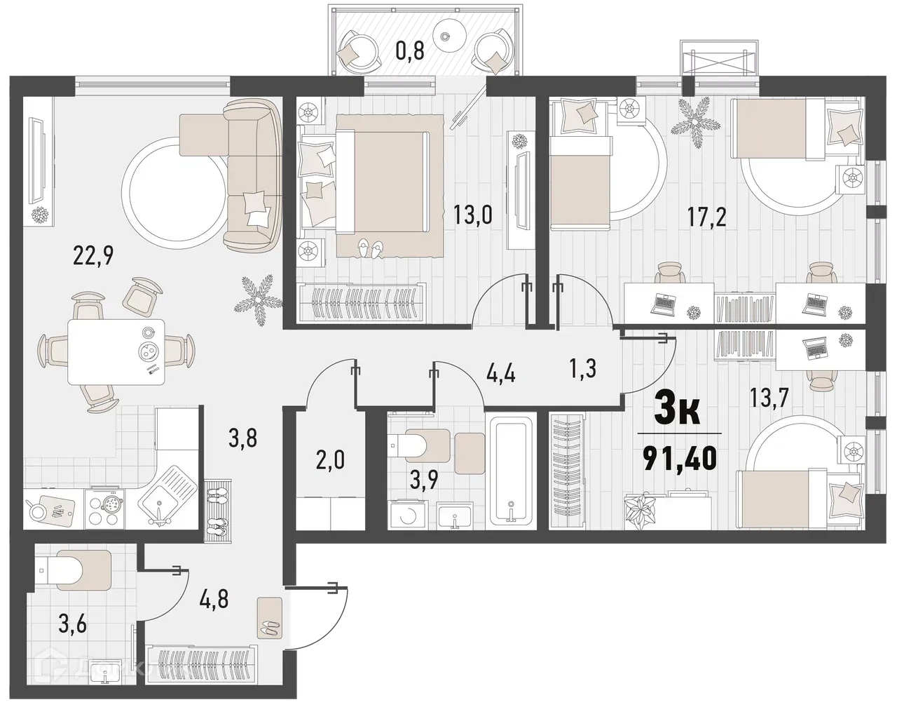 Планировка 3-комнатной квартиры 91.4 м² в ЖК Барса, г. Новороссийск — фото 1