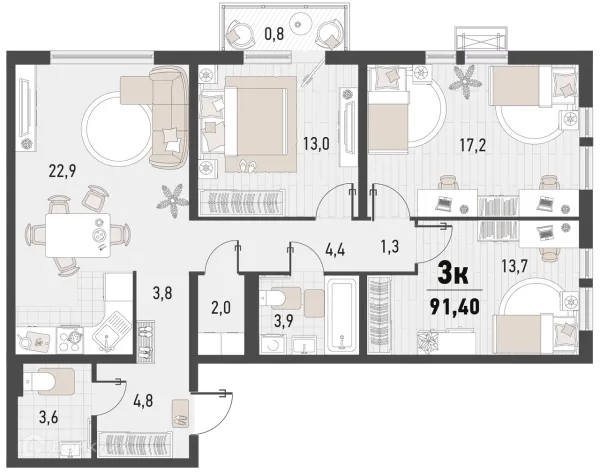 Планировка 3 комн. в ЖК Барса