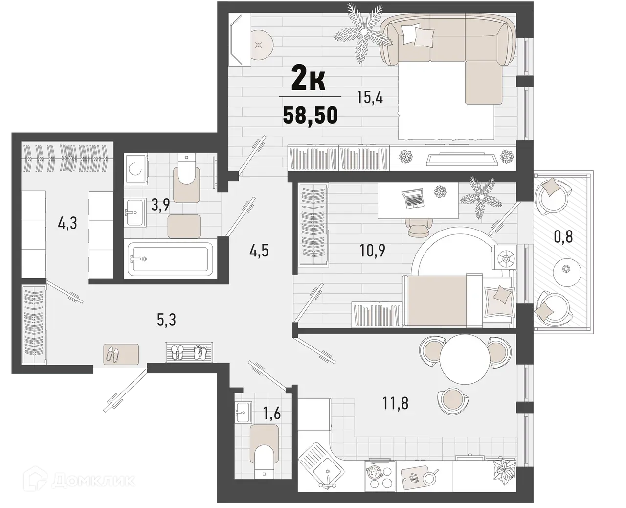 Планировка 2-комнатной квартиры 58.5 м² в ЖК Барса, г. Новороссийск — фото 1