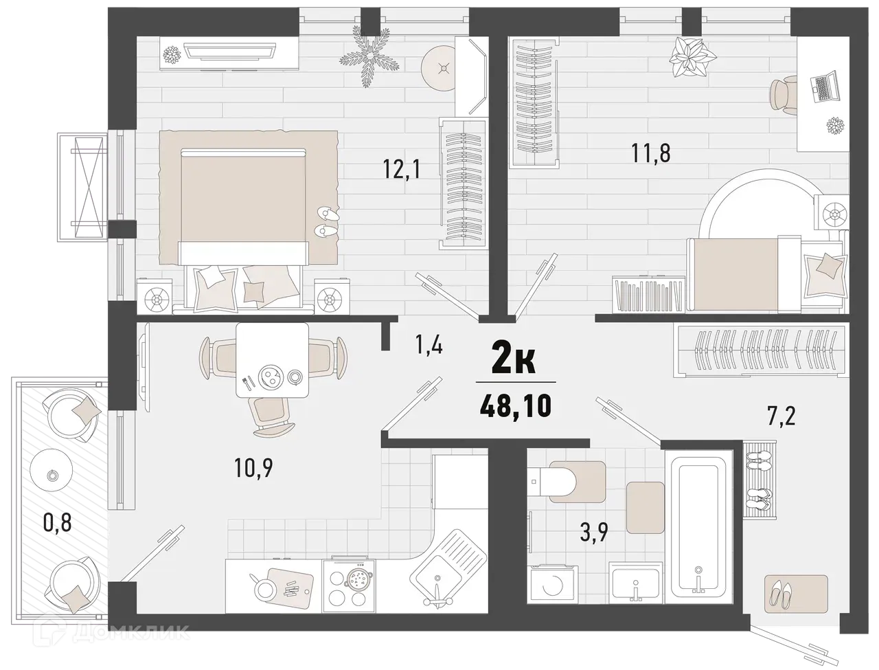 Планировка 2-комнатной квартиры 48.1 м² в ЖК Барса, г. Новороссийск — фото 1