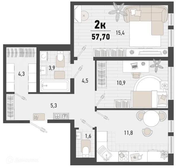 Планировка 2 комн. в ЖК Барса