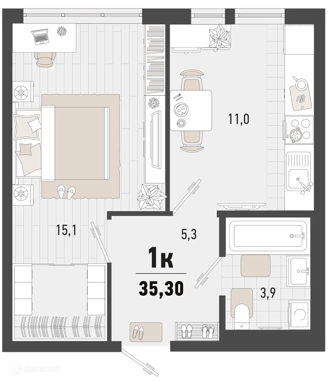 Планировка 1-комнатной квартиры 35.3 м² в ЖК Барса, г. Новороссийск — фото 1