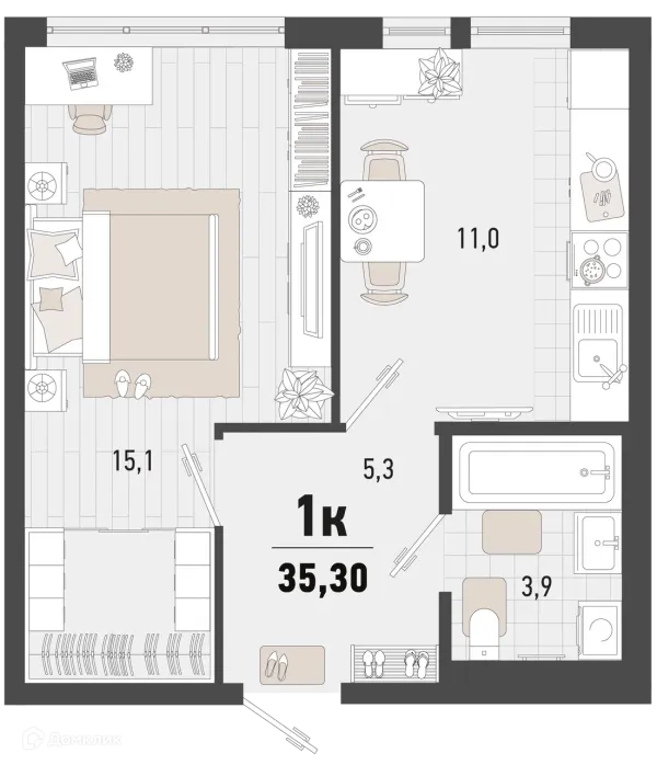 Планировка 1 комн. в ЖК Барса