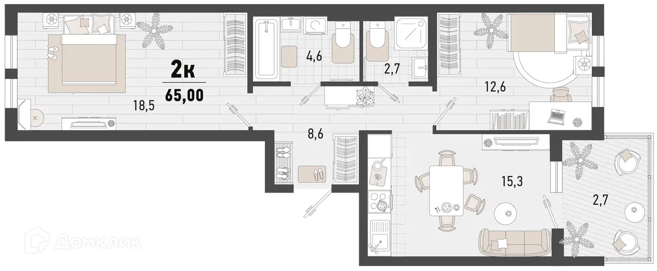 Планировка 2-комнатной квартиры 65 м² в ЖК Барса, г. Новороссийск — фото 1