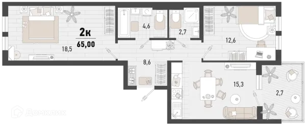Планировка 2 комн. в ЖК Барса