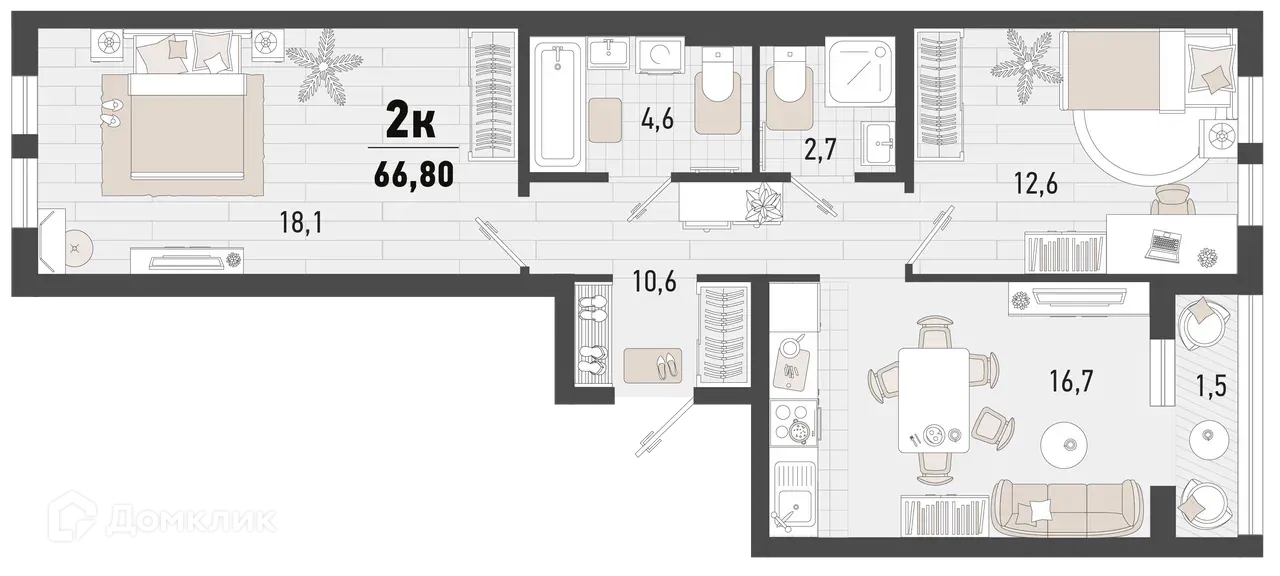 Планировка 2-комнатной квартиры 66.8 м² в ЖК Барса, г. Новороссийск — фото 1