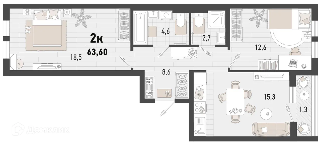 Планировка 2-комнатной квартиры 63.6 м² в ЖК Барса, г. Новороссийск — фото 1