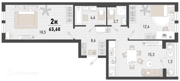 Планировка 2 комн. в ЖК Барса