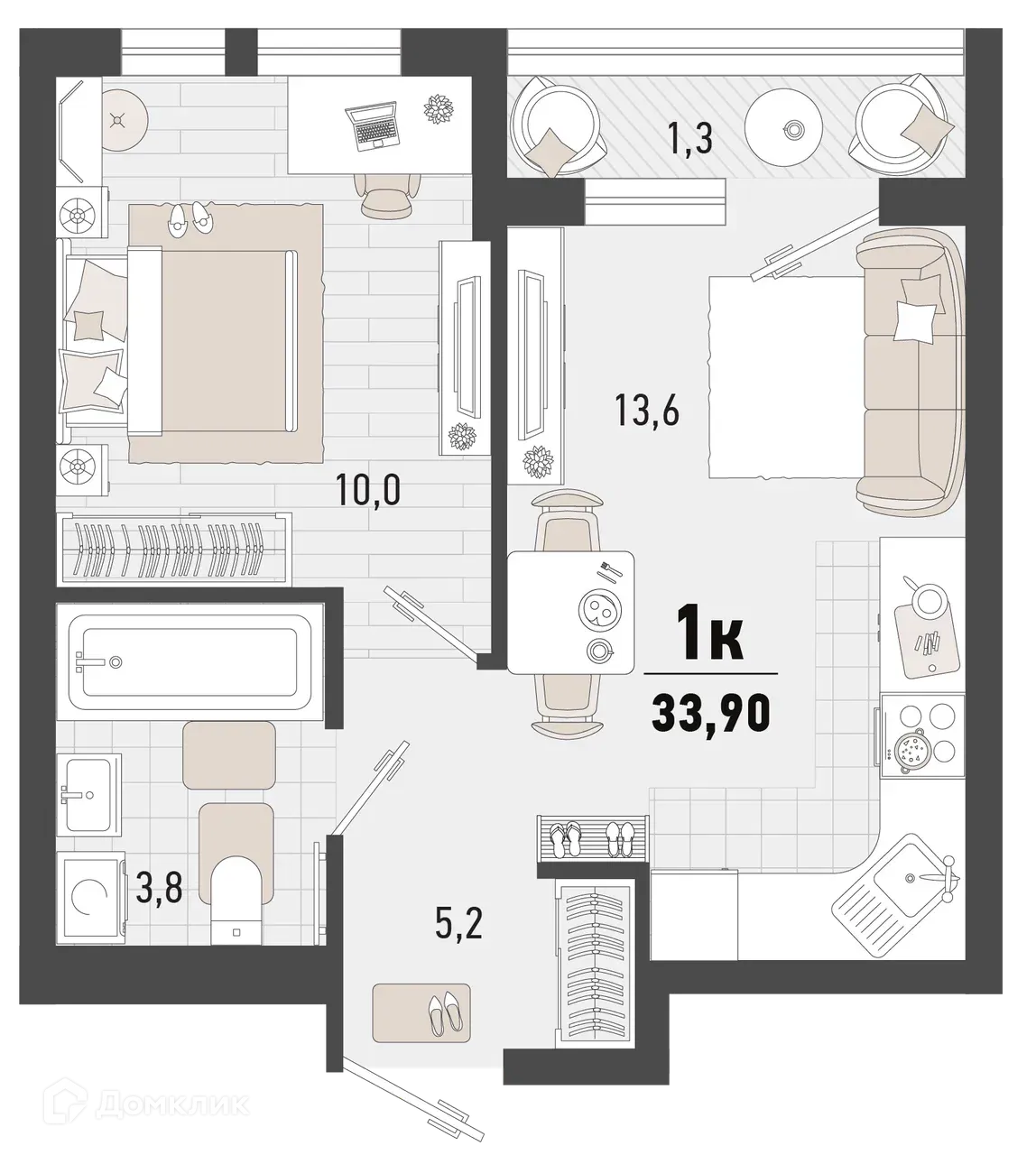 Планировка 1-комнатной квартиры 33.9 м² в ЖК Барса, г. Новороссийск — фото 1
