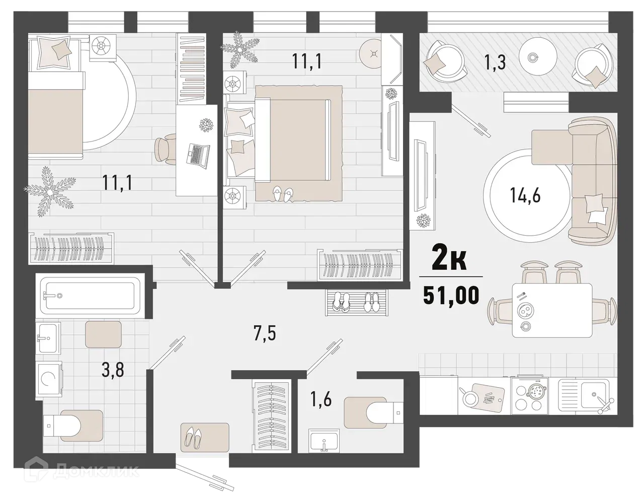 Планировка 2-комнатной квартиры 51 м² в ЖК Барса, г. Новороссийск — фото 1