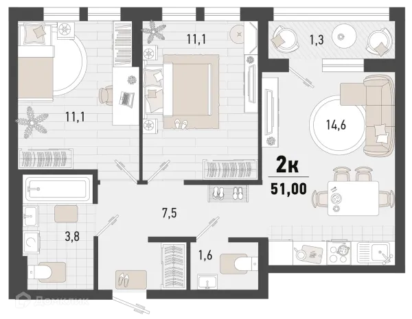 Планировка 2 комн. в ЖК Барса