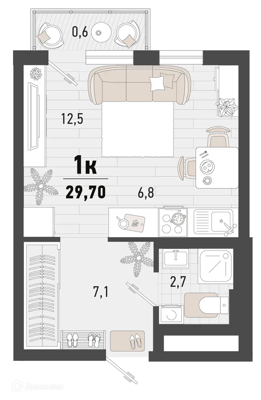 Планировка 1-комнатной квартиры 29.7 м² в ЖК Барса, г. Новороссийск — фото 1