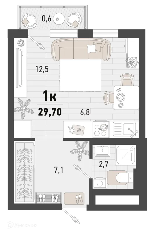 Планировка 1 комн. в ЖК Барса