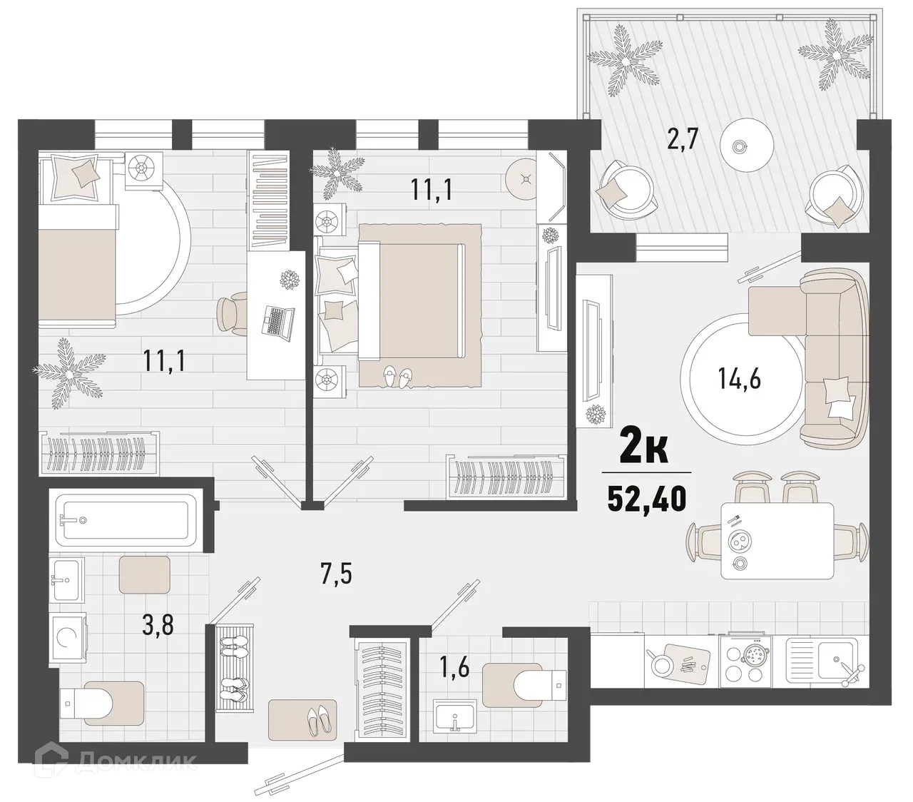 Планировка 2-комнатной квартиры 52.4 м² в ЖК Барса, г. Новороссийск — фото 1