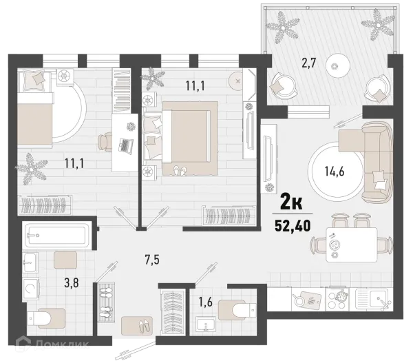 Планировка 2 комн. в ЖК Барса