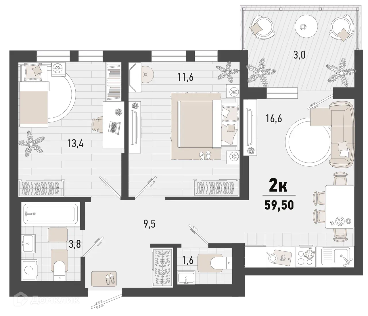 Планировка 2-комнатной квартиры 59.5 м² в ЖК Барса, г. Новороссийск — фото 1