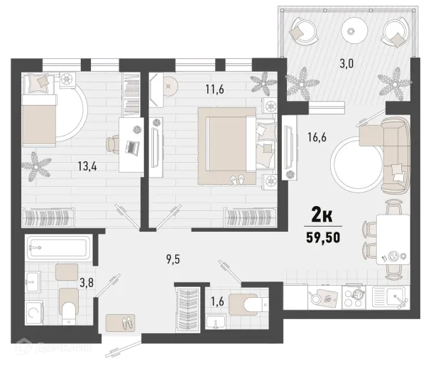 Планировка 2 комн. в ЖК Барса