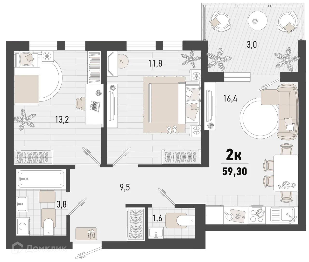 Планировка 2-комнатной квартиры 59.3 м² в ЖК Барса, г. Новороссийск — фото 1