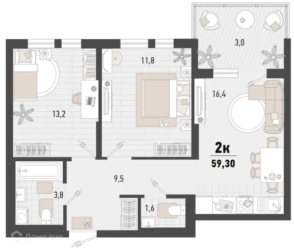 Планировка 2 комн. в ЖК Барса