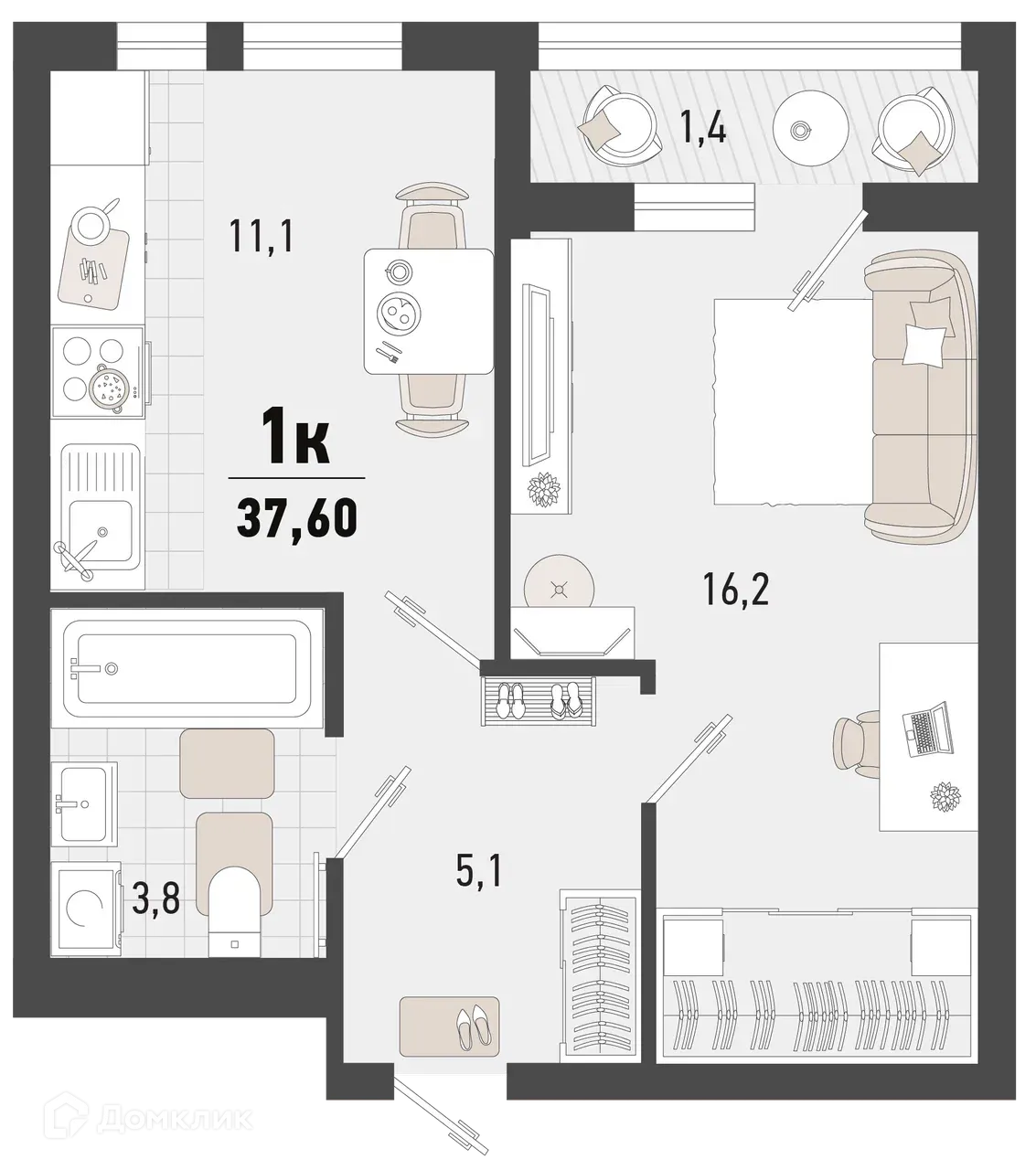 Планировка 1-комнатной квартиры 37.6 м² в ЖК Барса, г. Новороссийск — фото 1