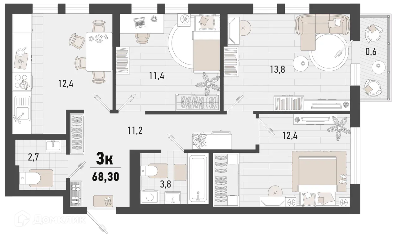 Планировка 3-комнатной квартиры 68.3 м² в ЖК Барса, г. Новороссийск — фото 1