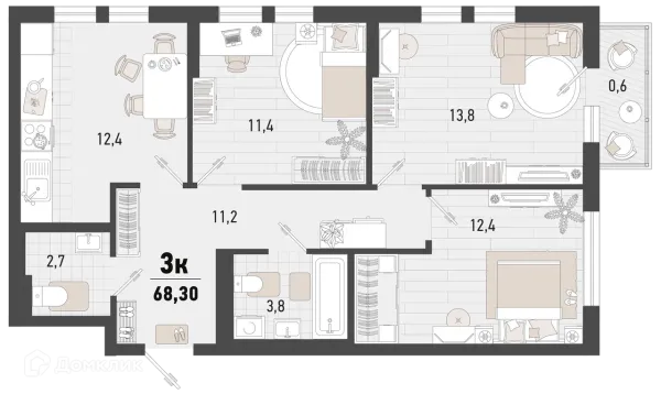 Планировка 3 комн. в ЖК Барса