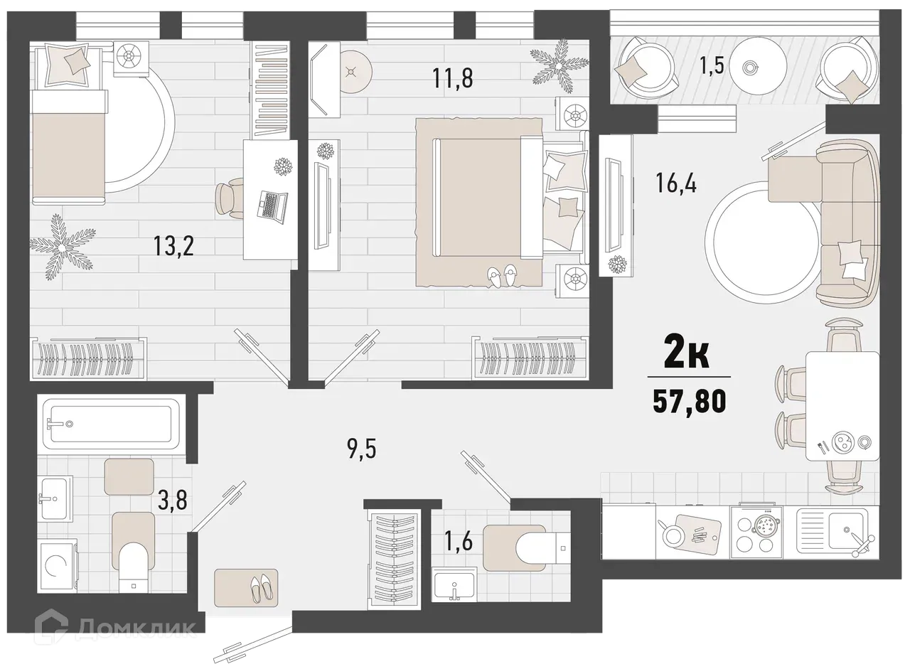 Планировка 2-комнатной квартиры 57.8 м² в ЖК Барса, г. Новороссийск — фото 1