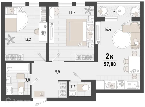 Планировка 2 комн. в ЖК Барса
