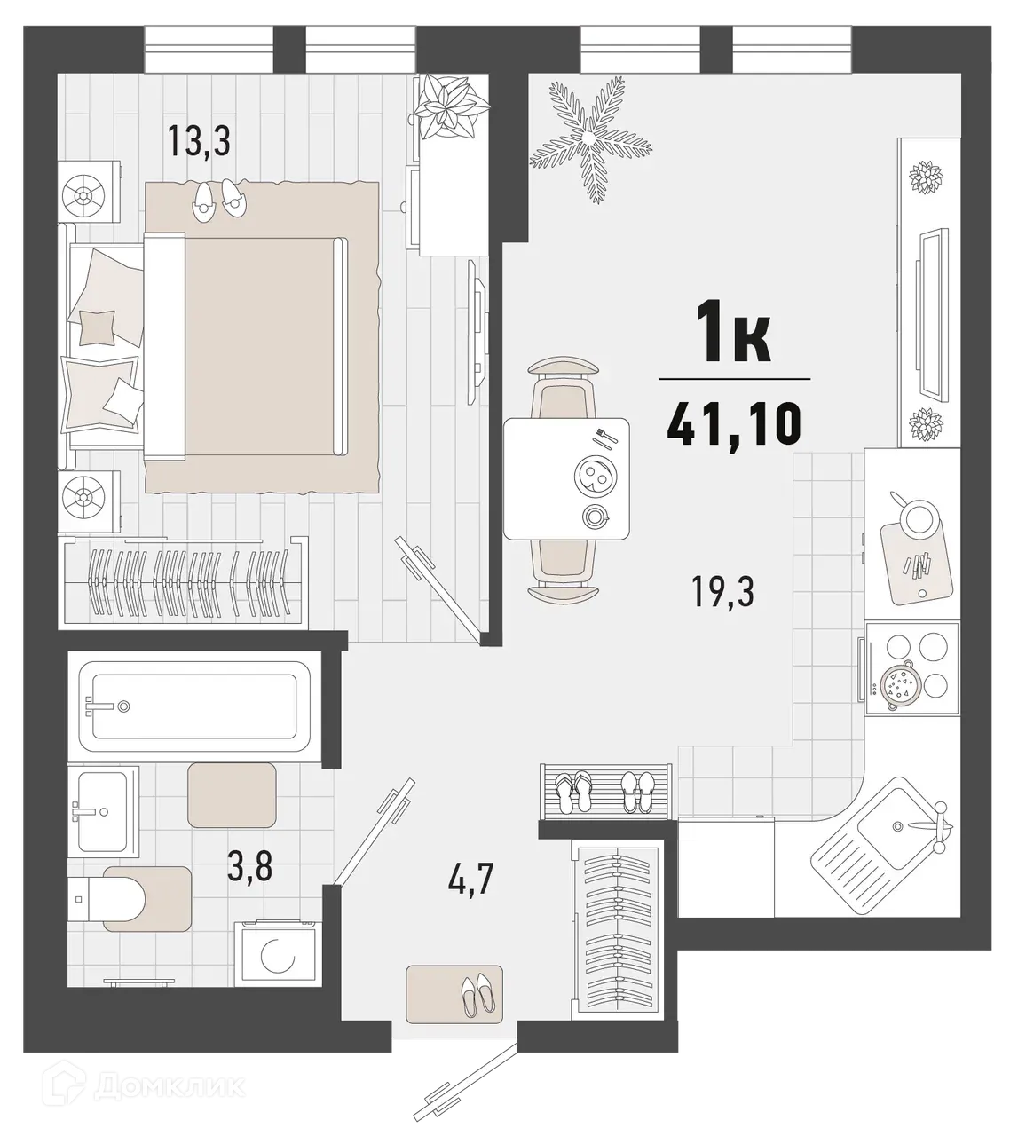 Планировка 1-комнатной квартиры 41.1 м² в ЖК Барса, г. Новороссийск — фото 1