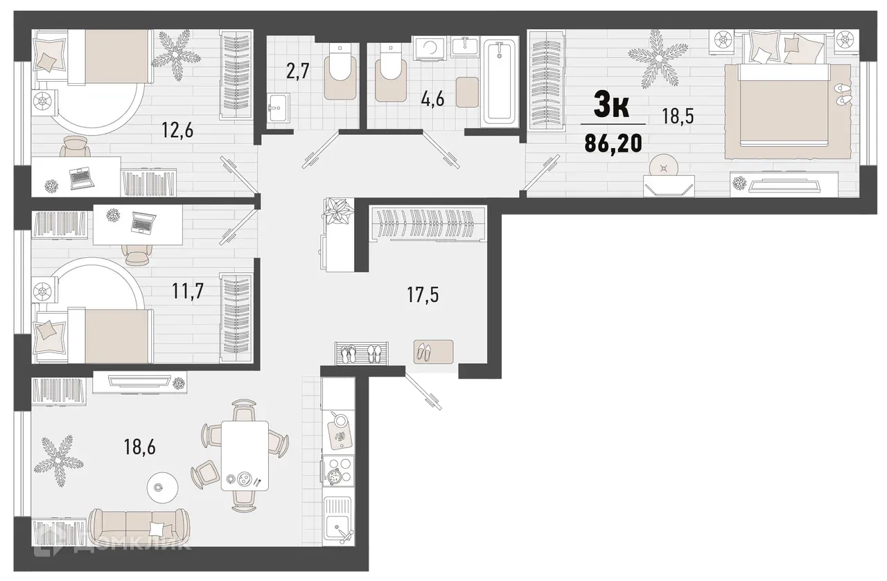 Планировка 3-комнатной квартиры 86.2 м² в ЖК Барса, г. Новороссийск — фото 1