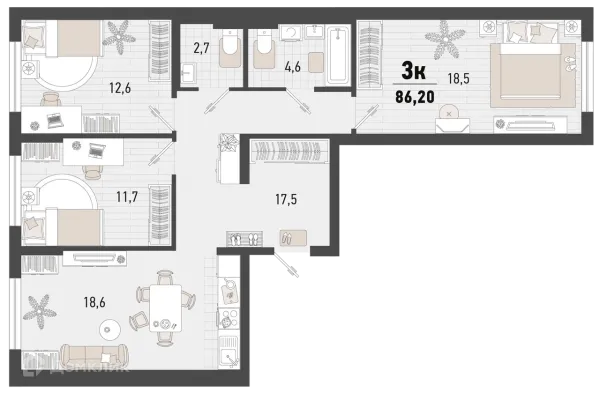 Планировка 3 комн. в ЖК Барса