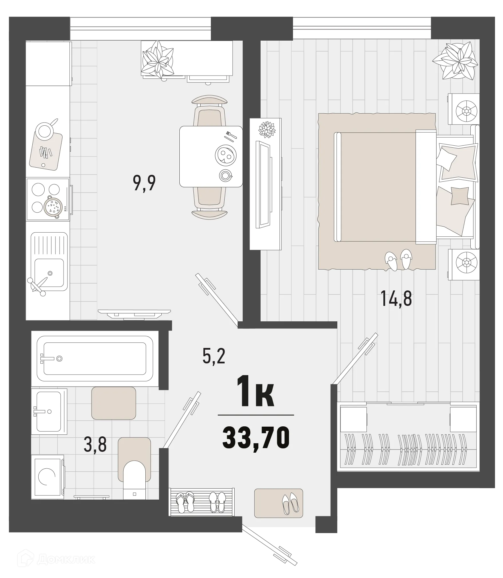 Планировка 1-комнатной квартиры 33.7 м² в ЖК Барса, г. Новороссийск — фото 1