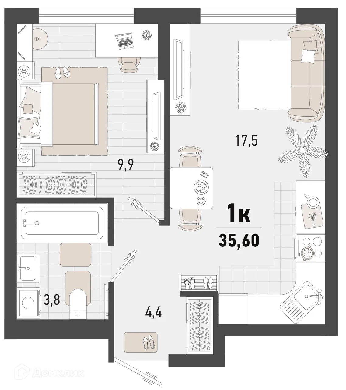 Планировка 1-комнатной квартиры 35.6 м² в ЖК Барса, г. Новороссийск — фото 1