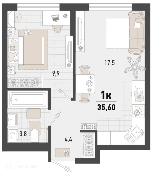 Планировка 1 комн. в ЖК Барса