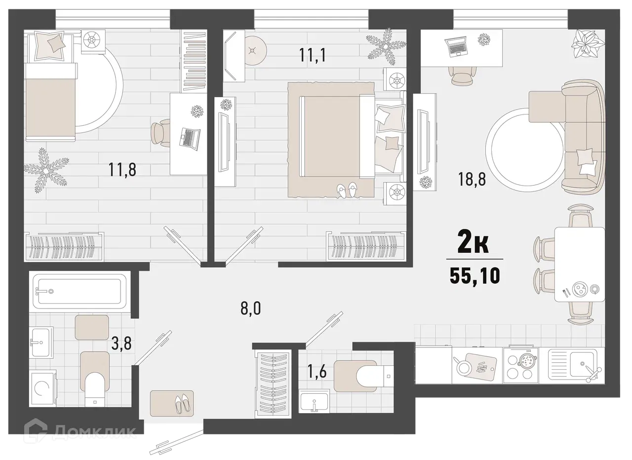 Планировка 2-комнатной квартиры 55.1 м² в ЖК Барса, г. Новороссийск — фото 1