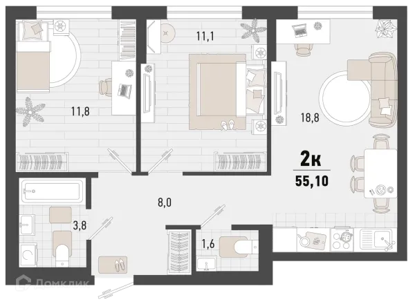 Планировка 2 комн. в ЖК Барса