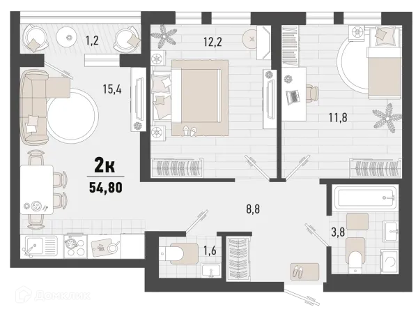 Планировка 2 комн. в ЖК Барса