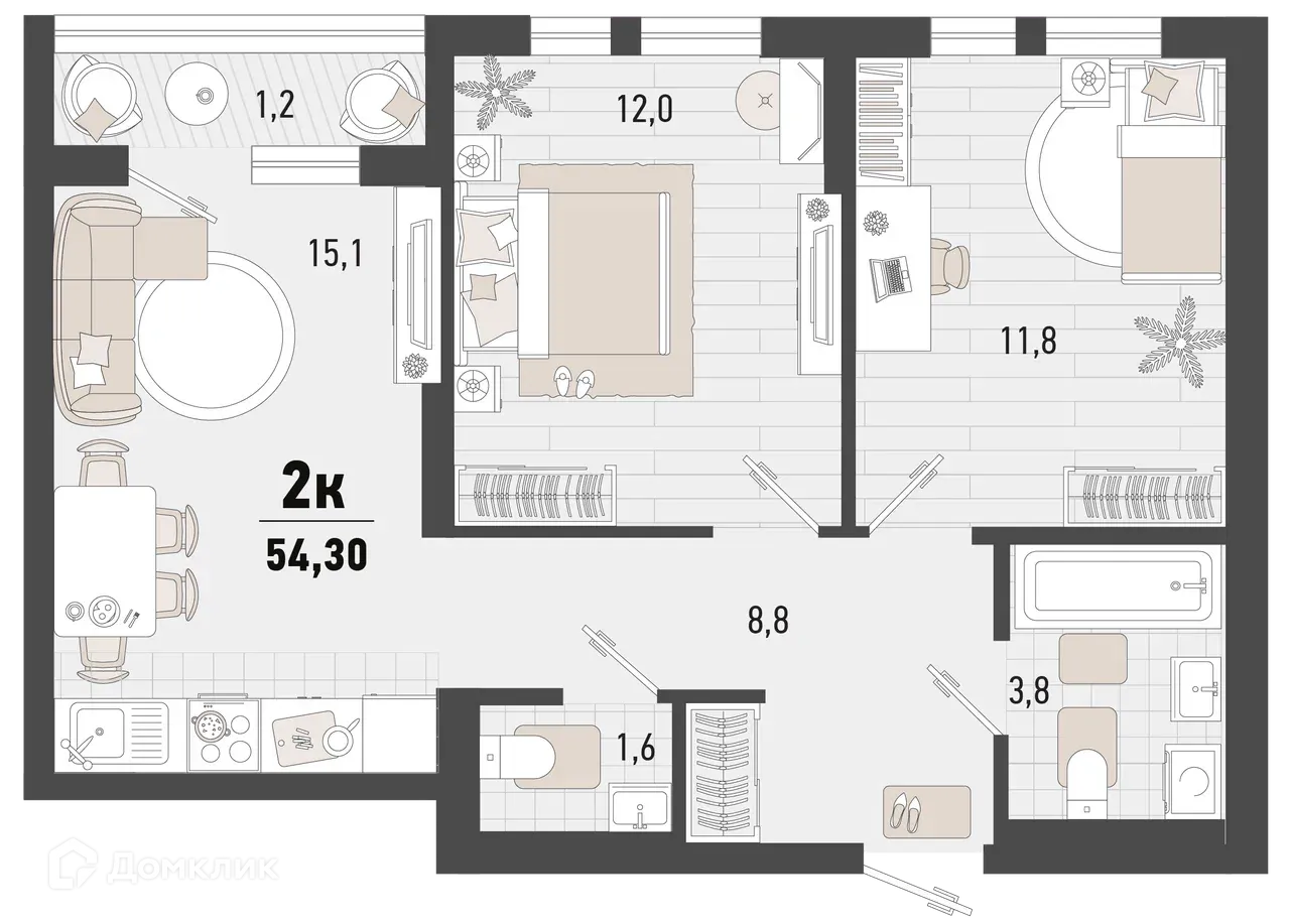Планировка 2-комнатной квартиры 54.3 м² в ЖК Барса, г. Новороссийск — фото 1