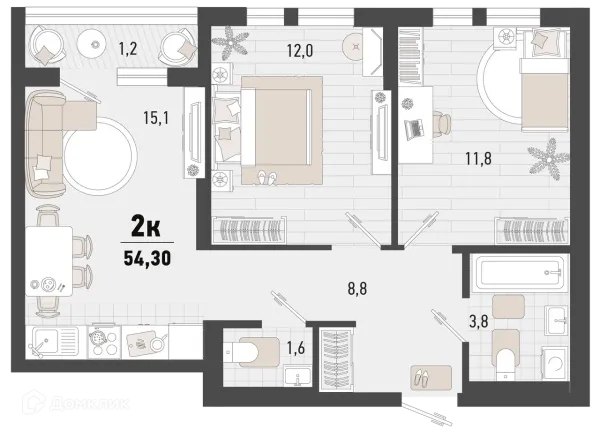 Планировка 2 комн. в ЖК Барса