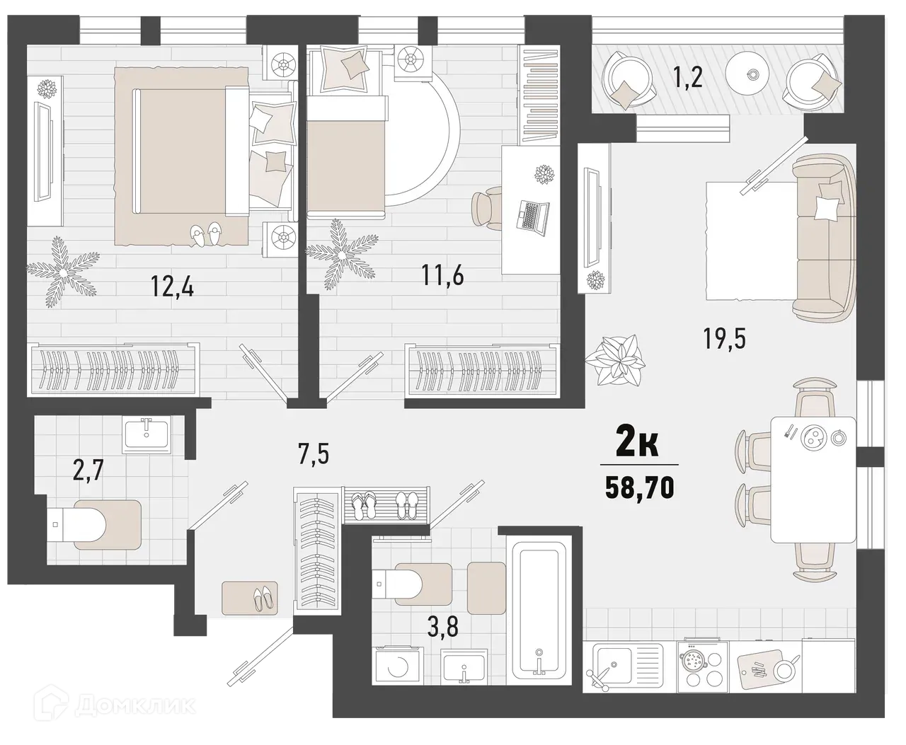 Планировка 2-комнатной квартиры 58.7 м² в ЖК Барса, г. Новороссийск — фото 1